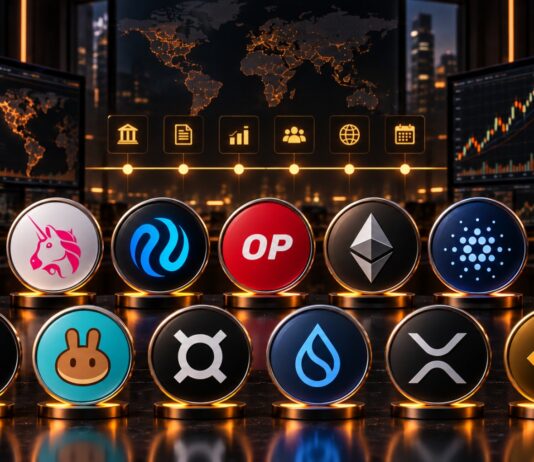 Altcoin-Logos von Avalanche, Uniswap, Injective, Optimism, Ethereum, Cardano, Balancer, Solana, PancakeSwap, Frax, Sui, XRP, BNB, Hyperliquid und Zcash vor Trading-Charts und Event-Kalender