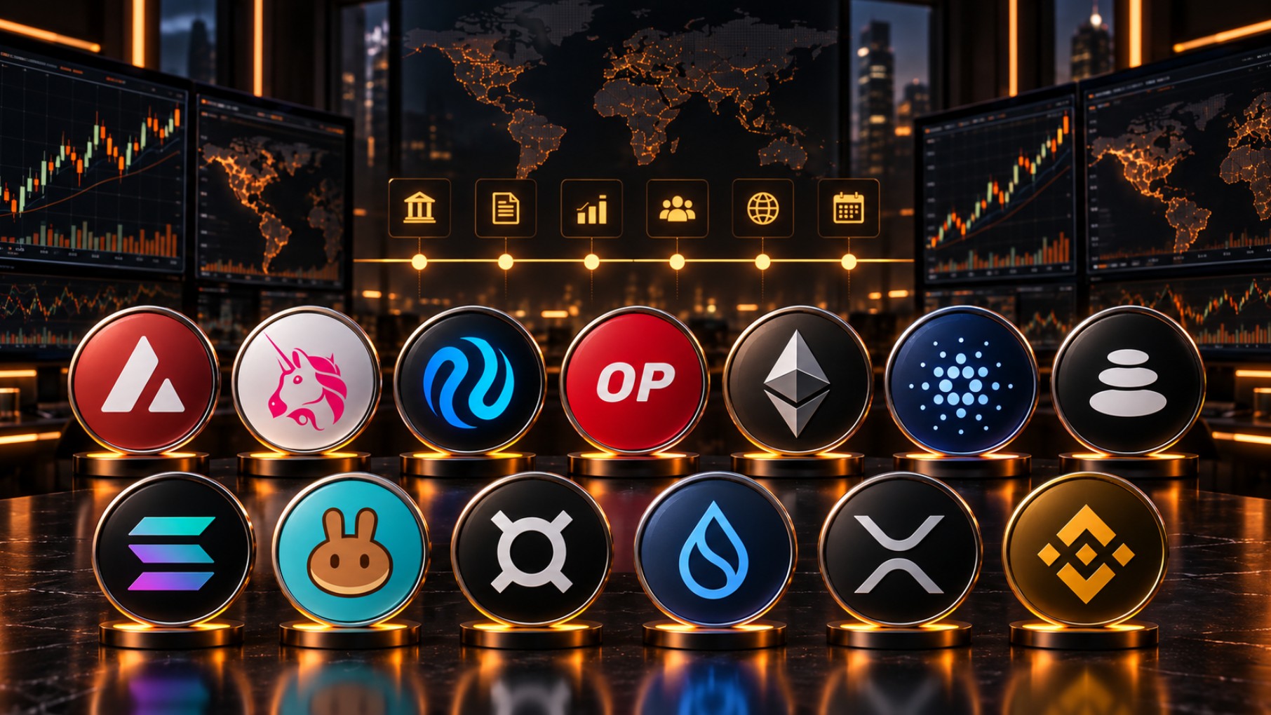Altcoin-Logos von Avalanche, Uniswap, Injective, Optimism, Ethereum, Cardano, Balancer, Solana, PancakeSwap, Frax, Sui, XRP, BNB, Hyperliquid und Zcash vor Trading-Charts und Event-Kalender