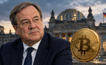 Armin Laschet neben einer goldenen Bitcoin-Münze vor dem Reichstagsgebäude.