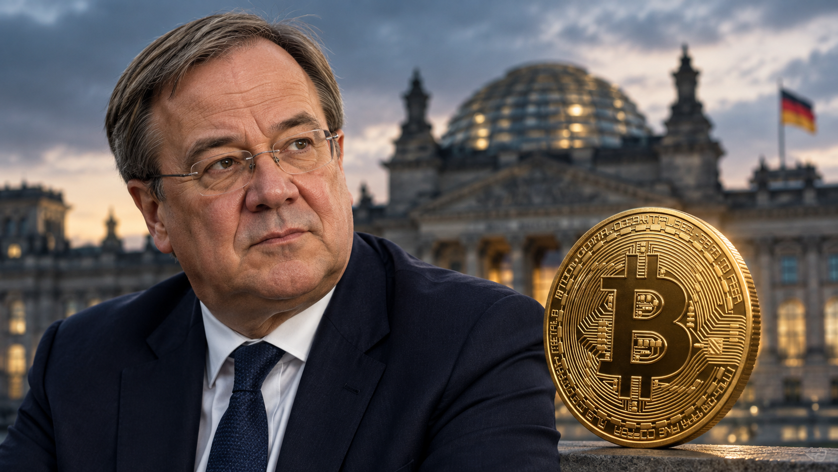Armin Laschet neben einer goldenen Bitcoin-Münze vor dem Reichstagsgebäude.