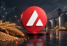 Avalanche-Logo vor Getreide, Lagerhäusern und Blockchain-Netzwerk zur Digitalisierung indischer Agrarkredite