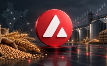 Avalanche-Logo vor Getreide, Lagerhäusern und Blockchain-Netzwerk zur Digitalisierung indischer Agrarkredite