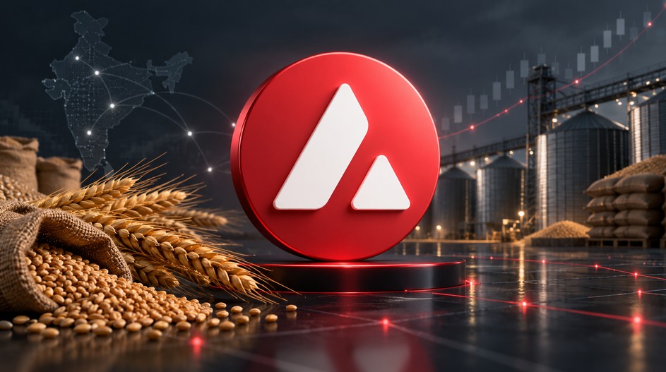 Avalanche-Logo vor Getreide, Lagerhäusern und Blockchain-Netzwerk zur Digitalisierung indischer Agrarkredite