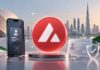 Avalanche-Logo vor der Skyline der Vereinigten Arabischen Emirate mit digitaler Identitätskarte und Symbolen für sichere Dokumentenverifizierung.