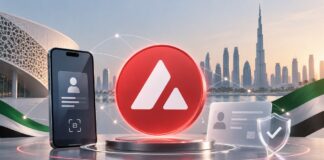 Avalanche-Logo vor der Skyline der Vereinigten Arabischen Emirate mit digitaler Identitätskarte und Symbolen für sichere Dokumentenverifizierung.