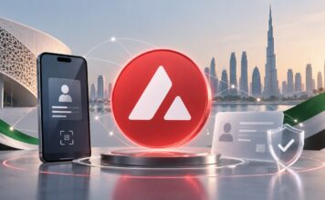 Avalanche-Logo vor der Skyline der Vereinigten Arabischen Emirate mit digitaler Identitätskarte und Symbolen für sichere Dokumentenverifizierung.