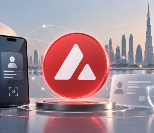 Avalanche-Logo vor der Skyline der Vereinigten Arabischen Emirate mit digitaler Identitätskarte und Symbolen für sichere Dokumentenverifizierung.