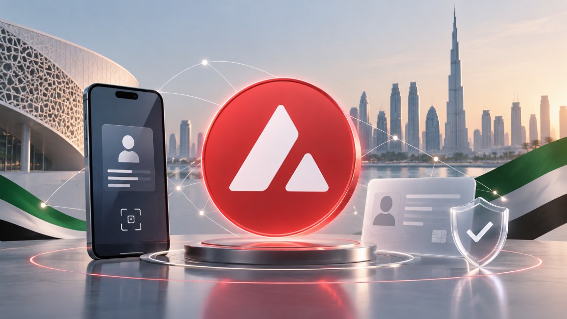Avalanche-Logo vor der Skyline der Vereinigten Arabischen Emirate mit digitaler Identitätskarte und Symbolen für sichere Dokumentenverifizierung.