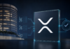 BIS-Tower in Basel neben dem XRP-Ledger-Symbol und einer digitalen Verifizierungsanzeige