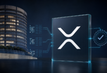 BIS-Tower in Basel neben dem XRP-Ledger-Symbol und einer digitalen Verifizierungsanzeige