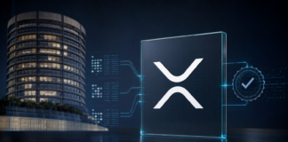 BIS-Tower in Basel neben dem XRP-Ledger-Symbol und einer digitalen Verifizierungsanzeige