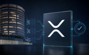 BIS-Tower in Basel neben dem XRP-Ledger-Symbol und einer digitalen Verifizierungsanzeige