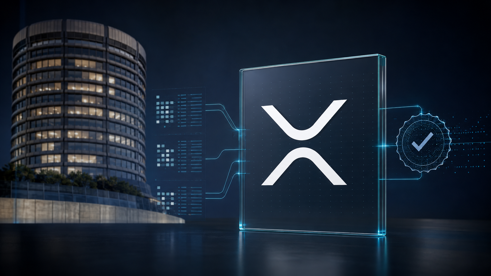 BIS-Tower in Basel neben dem XRP-Ledger-Symbol und einer digitalen Verifizierungsanzeige