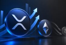3D-Illustration im Bloomberg-Stil: prominente XRP- und Ethereum-Symbole mit Aufwärtspfeilen im Vordergrund, während Bitcoin im Hintergrund kleiner und schwächer dargestellt ist.