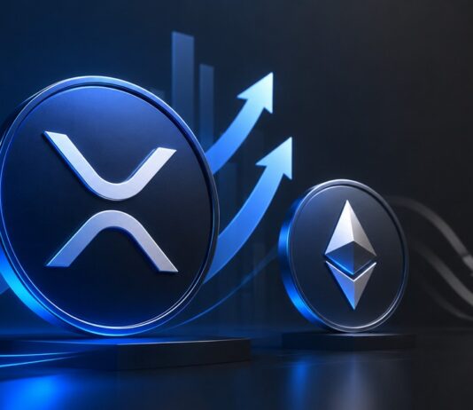 3D-Illustration im Bloomberg-Stil: prominente XRP- und Ethereum-Symbole mit Aufwärtspfeilen im Vordergrund, während Bitcoin im Hintergrund kleiner und schwächer dargestellt ist.