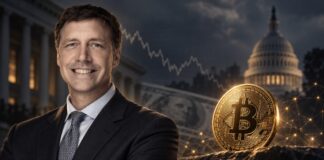 Miller: „Ich war noch nie bullischer für Bitcoin als heute“ Porträt eines selbstbewussten Investors neben einer goldenen Bitcoin-Münze vor dem US-Kapitol und einem fallenden Kurschart – Symbol für starken Bitcoin-Optimismus in einem fragilen fiskalischen Umfeld.
