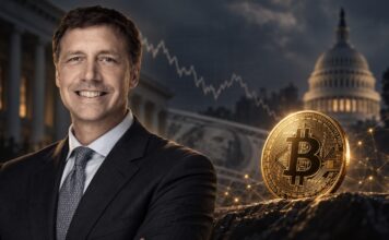 Miller: „Ich war noch nie bullischer für Bitcoin als heute“ Porträt eines selbstbewussten Investors neben einer goldenen Bitcoin-Münze vor dem US-Kapitol und einem fallenden Kurschart – Symbol für starken Bitcoin-Optimismus in einem fragilen fiskalischen Umfeld.