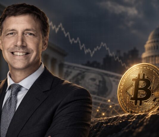 Porträt eines selbstbewussten Investors neben einer goldenen Bitcoin-Münze vor dem US-Kapitol und einem fallenden Kurschart – Symbol für starken Bitcoin-Optimismus in einem fragilen fiskalischen Umfeld.