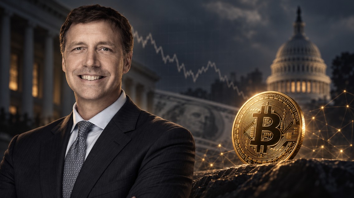 Porträt eines selbstbewussten Investors neben einer goldenen Bitcoin-Münze vor dem US-Kapitol und einem fallenden Kurschart – Symbol für starken Bitcoin-Optimismus in einem fragilen fiskalischen Umfeld.