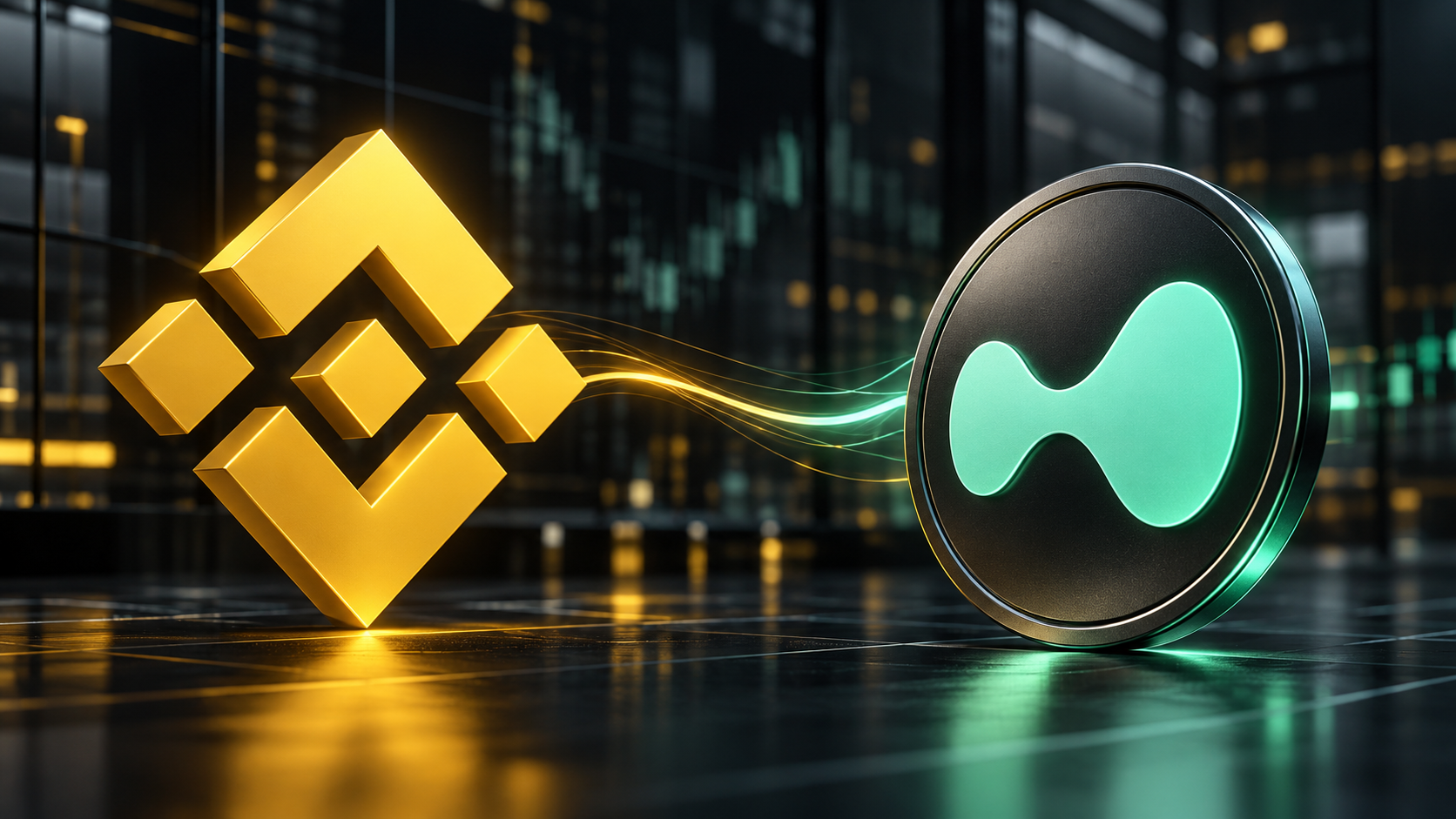 Binance-Logo neben dem HYPE-Symbol von Hyperliquid vor einem dunklen Handelshintergrund