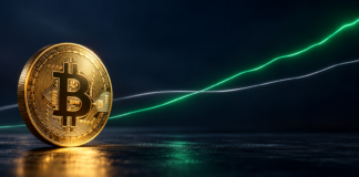Goldene Bitcoin-Münze vor zwei sich kreuzenden Trendlinien, die grüne Linie steigt über die graue.