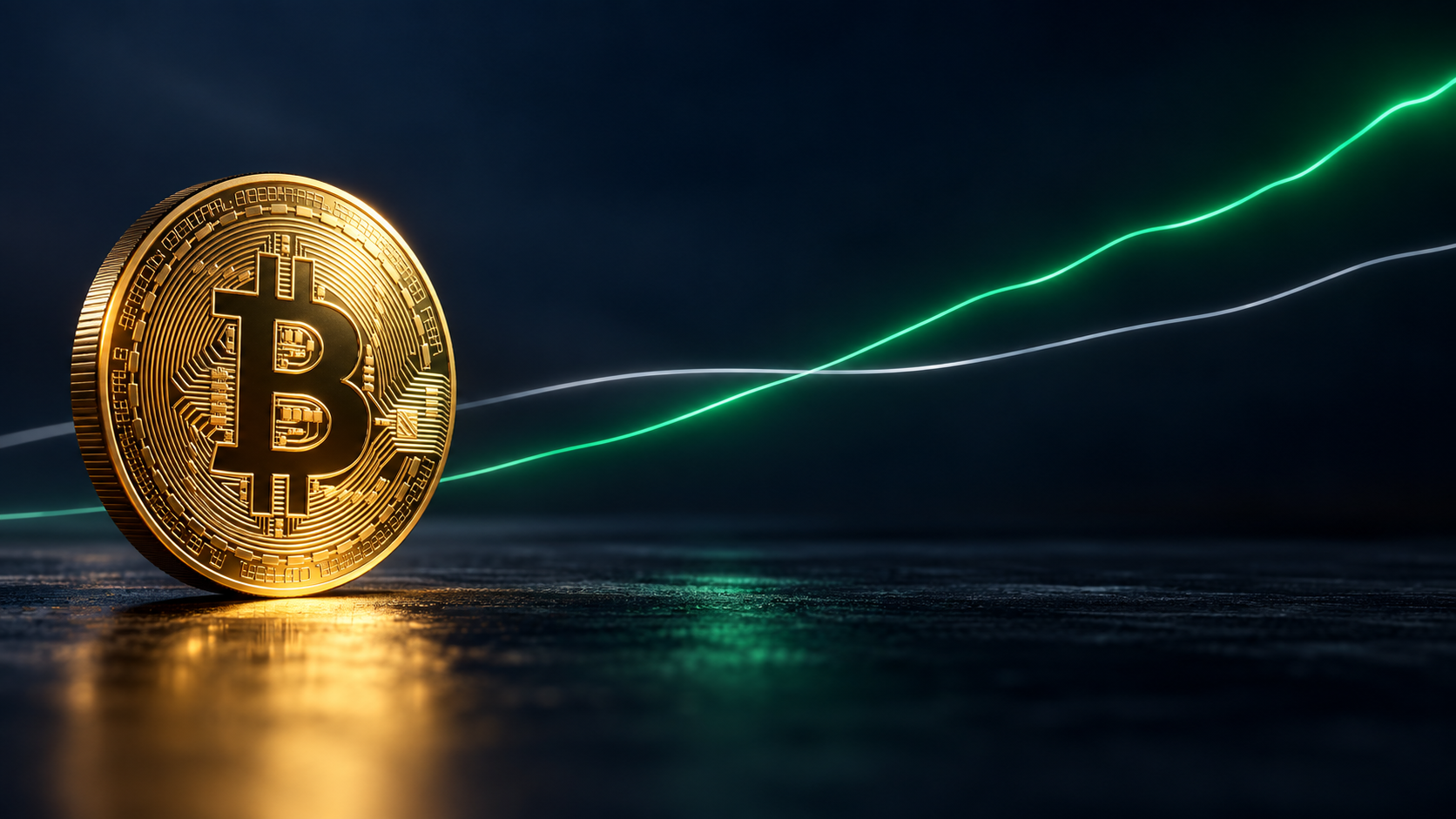 Goldene Bitcoin-Münze vor zwei sich kreuzenden Trendlinien, die grüne Linie steigt über die graue.