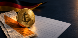 Bitcoin-Münze auf Kaufbelegen und einem Steuerformular vor den deutschen Farben