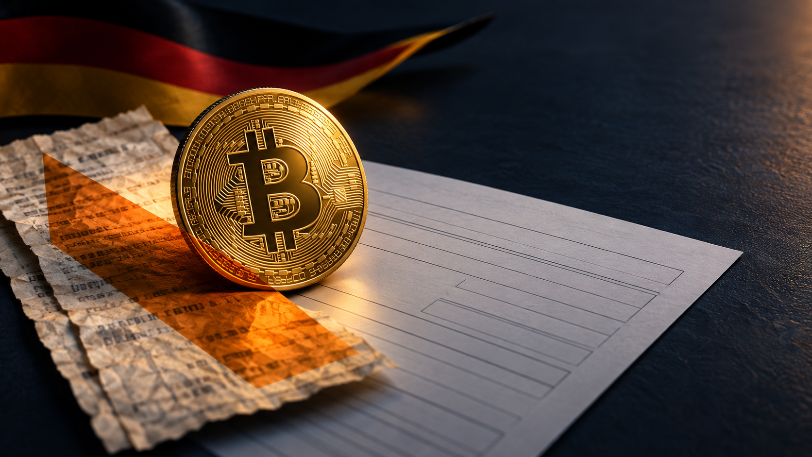 Bitcoin-Münze auf Kaufbelegen und einem Steuerformular vor den deutschen Farben