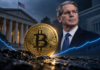 Bitcoin-Münze vor US-Finanzminister Scott Bessent und dem US-Finanzministerium, während eine steigende Kurslinie die mögliche Bodenbildung symbolisiert.