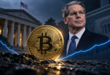 Bitcoin-Münze vor US-Finanzminister Scott Bessent und dem US-Finanzministerium, während eine steigende Kurslinie die mögliche Bodenbildung symbolisiert.