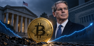 Bitcoin vor neuer Rallye? Zwei historische Signale sprechen für Ende des Bärenmarkts Bitcoin-Münze vor US-Finanzminister Scott Bessent und dem US-Finanzministerium, während eine steigende Kurslinie die mögliche Bodenbildung symbolisiert.
