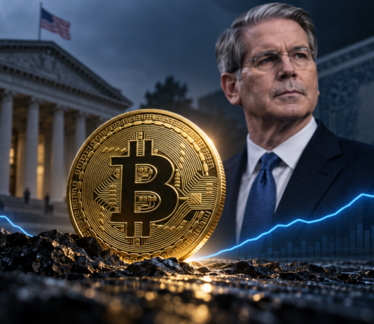 Bitcoin-Münze vor US-Finanzminister Scott Bessent und dem US-Finanzministerium, während eine steigende Kurslinie die mögliche Bodenbildung symbolisiert.
