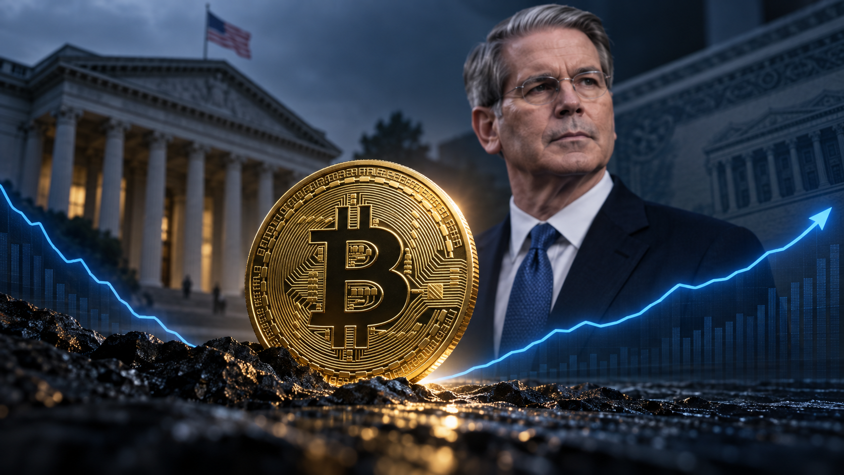 Bitcoin-Münze vor US-Finanzminister Scott Bessent und dem US-Finanzministerium, während eine steigende Kurslinie die mögliche Bodenbildung symbolisiert.