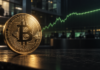Bitcoin-Münze vor einer ansteigenden grünen Kurslinie und einem Handelsraum