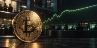 Bitcoin vor Höhenflug? CryptoQuant-Chef erwartet 3- bis 5-fachen Anstieg Bitcoin-Münze vor einer ansteigenden grünen Kurslinie und einem Handelsraum