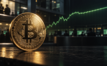 Bitcoin vor Höhenflug? CryptoQuant-Chef erwartet 3- bis 5-fachen Anstieg Bitcoin-Münze vor einer ansteigenden grünen Kurslinie und einem Handelsraum