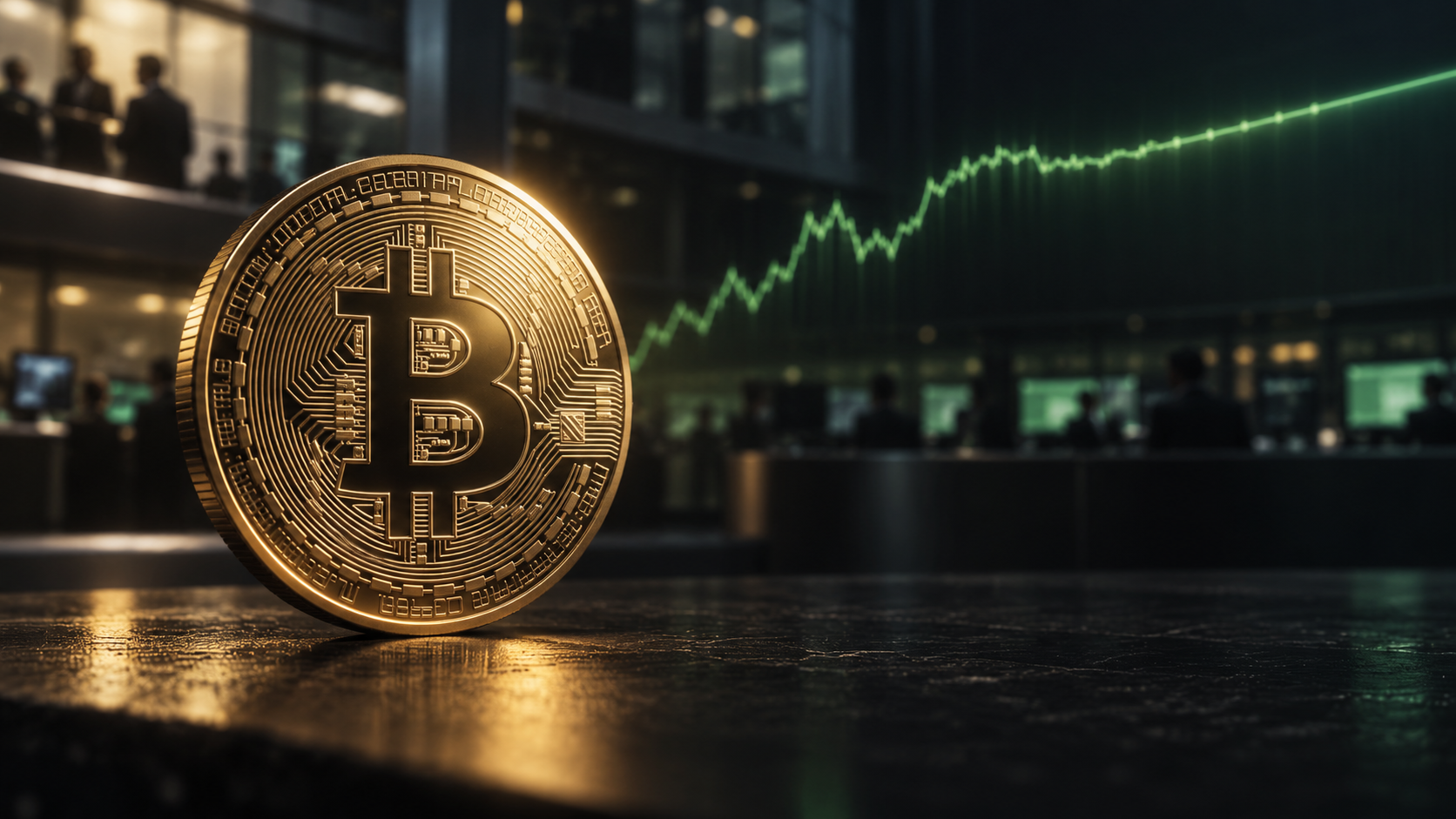 Bitcoin-Münze vor einer ansteigenden grünen Kurslinie und einem Handelsraum
