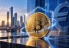 Goldener Bitcoin vor Euro-Symbol und Schutzschild als Symbol für einen euroabgesicherten Bitcoin-ETC.