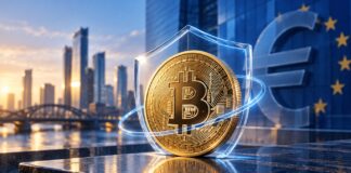 Goldener Bitcoin vor Euro-Symbol und Schutzschild als Symbol für einen euroabgesicherten Bitcoin-ETC.