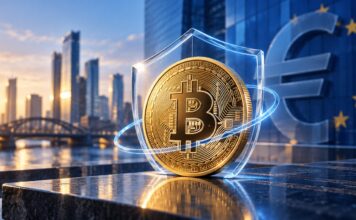 Weltpremiere: HANetf lanciert ersten euroabgesicherten Bitcoin-ETC Goldener Bitcoin vor Euro-Symbol und Schutzschild als Symbol für einen euroabgesicherten Bitcoin-ETC.