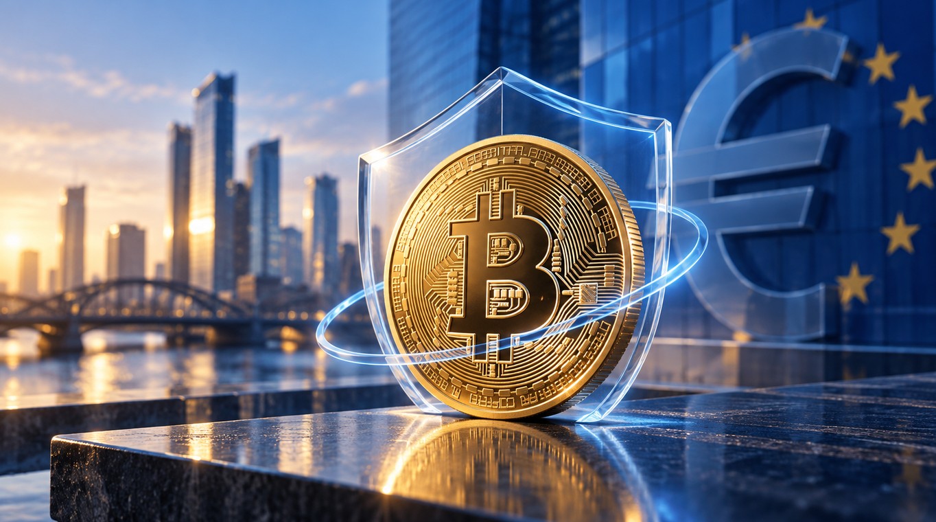 Goldener Bitcoin vor Euro-Symbol und Schutzschild als Symbol für einen euroabgesicherten Bitcoin-ETC.