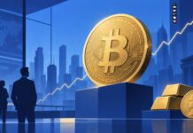 Bloomberg-Analyst bullisch: Bitcoin-ETFs könnten Gold um das Dreifache übertreffen Illustration eines großen goldenen Bitcoin vor blauem Finanzhintergrund mit steigender Kurslinie, Stadtsilhouette, Goldbarren und Silhouetten von Investoren als Symbol für den Kursanstieg und die wachsende Stärke von Bitcoin gegenüber Gold.