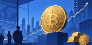 Illustration eines großen goldenen Bitcoin vor blauem Finanzhintergrund mit steigender Kurslinie, Stadtsilhouette, Goldbarren und Silhouetten von Investoren als Symbol für den Kursanstieg und die wachsende Stärke von Bitcoin gegenüber Gold.