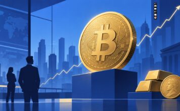 Illustration eines großen goldenen Bitcoin vor blauem Finanzhintergrund mit steigender Kurslinie, Stadtsilhouette, Goldbarren und Silhouetten von Investoren als Symbol für den Kursanstieg und die wachsende Stärke von Bitcoin gegenüber Gold.