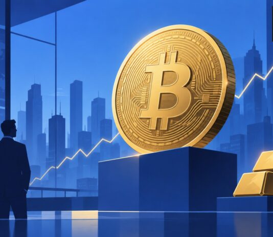 Illustration eines großen goldenen Bitcoin vor blauem Finanzhintergrund mit steigender Kurslinie, Stadtsilhouette, Goldbarren und Silhouetten von Investoren als Symbol für den Kursanstieg und die wachsende Stärke von Bitcoin gegenüber Gold.