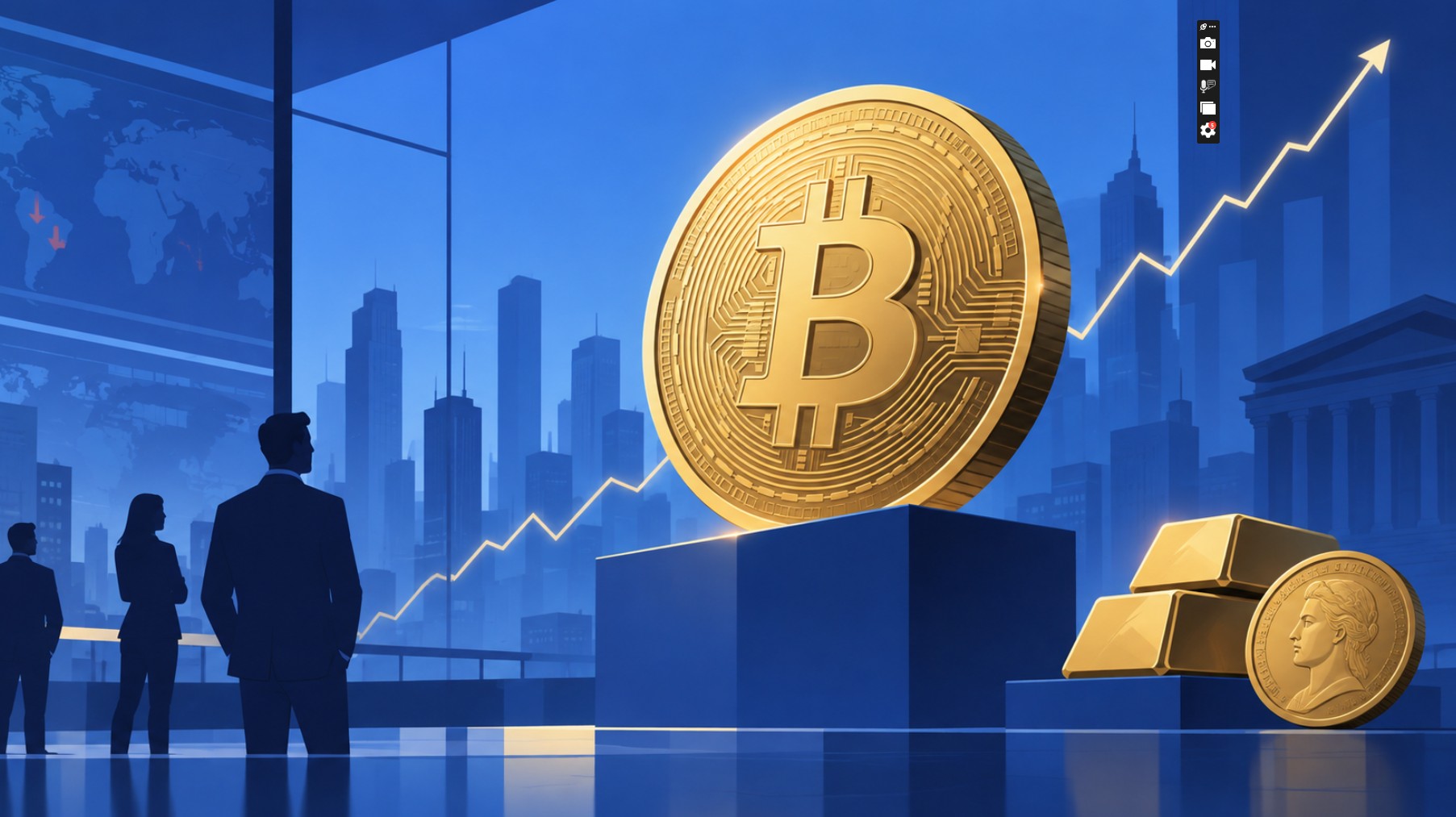 Illustration eines großen goldenen Bitcoin vor blauem Finanzhintergrund mit steigender Kurslinie, Stadtsilhouette, Goldbarren und Silhouetten von Investoren als Symbol für den Kursanstieg und die wachsende Stärke von Bitcoin gegenüber Gold.