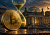 Bitcoin-Münze und Sanduhr vor dem Reichstagsgebäude zur Debatte über die Krypto-Haltefrist