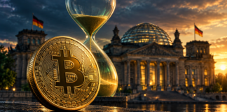 Bitcoin-Münze und Sanduhr vor dem Reichstagsgebäude zur Debatte über die Krypto-Haltefrist