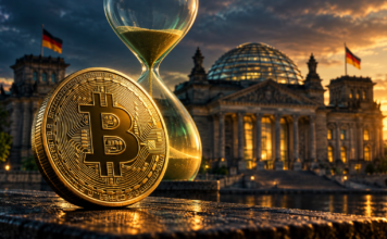 Krypto-Haltefrist vor dem Aus? Zweifel am Widerstand der Union wachsen Bitcoin-Münze und Sanduhr vor dem Reichstagsgebäude zur Debatte über die Krypto-Haltefrist