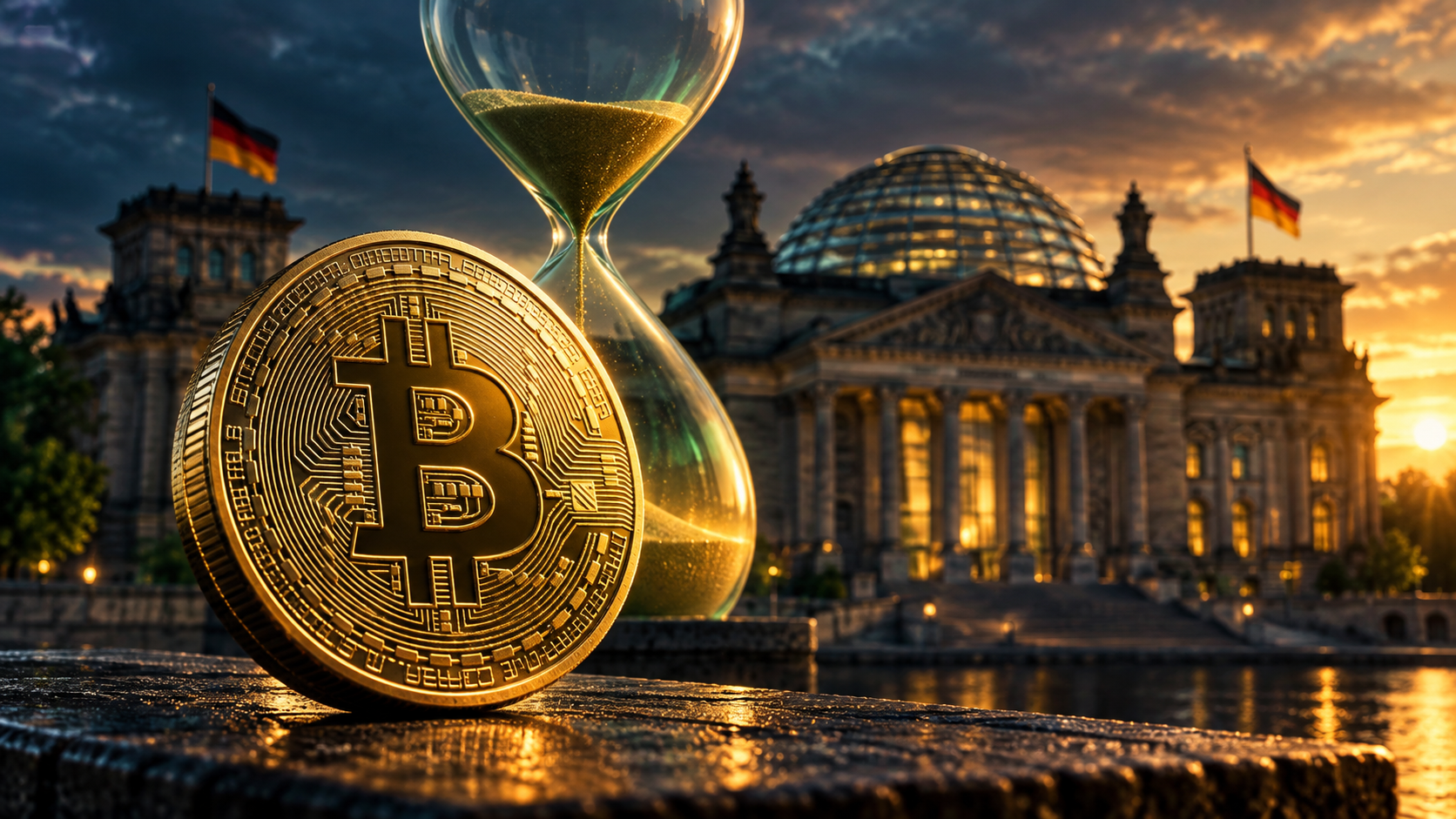 Bitcoin-Münze und Sanduhr vor dem Reichstagsgebäude zur Debatte über die Krypto-Haltefrist
